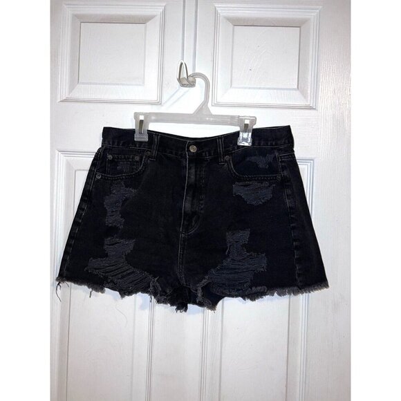 AMERICAN EAGLE Womens Mom Short Black Distressed Denim Jean Shorts Sz 8 - Picture 1 of 13